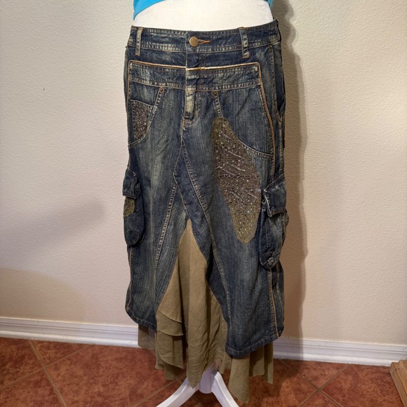 Hazel Denim Cargo Maxi Skirt Mixed Media Sequined Lace Layered Boho Small